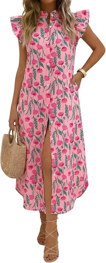 Wenrine Womens Summer Button Down Shirt Dress Casual Floral Rufffle Cap Sleeve Loose Beach Boho M... | Amazon (US)