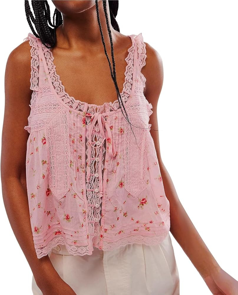 Women Sleeveless Lace Trim Tank Tops Beach Vacation Essentials Button Down Front Tie Mesh Chiffon... | Amazon (US)