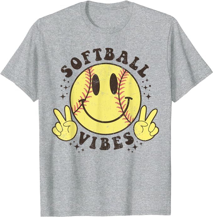 Smile Face Softball Vibes, Game Day Softball Life Mom Retro T-Shirt | Amazon (US)