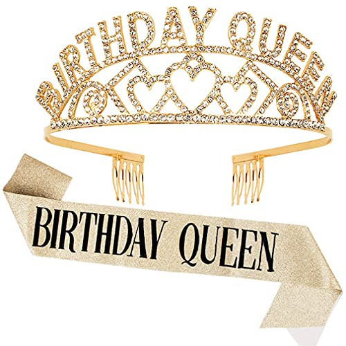 Didder Birthday Queen Rhinestone Tiara & Sash Kit - Gold Crown for Girls, Glitter Birthday Sash for Women, Party Gift | Amazon (US)