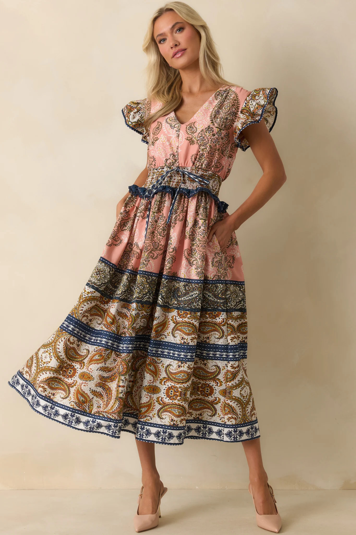 The Way It Goes Rose Pink Multi Print Cotton Midi Dress | Red Dress