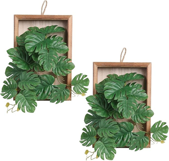 FOTEEWL 2 Pcs Artificial Plants Wall Hanging Decor - Faux Monstera Leaves in Solid Wood Frames fo... | Amazon (US)