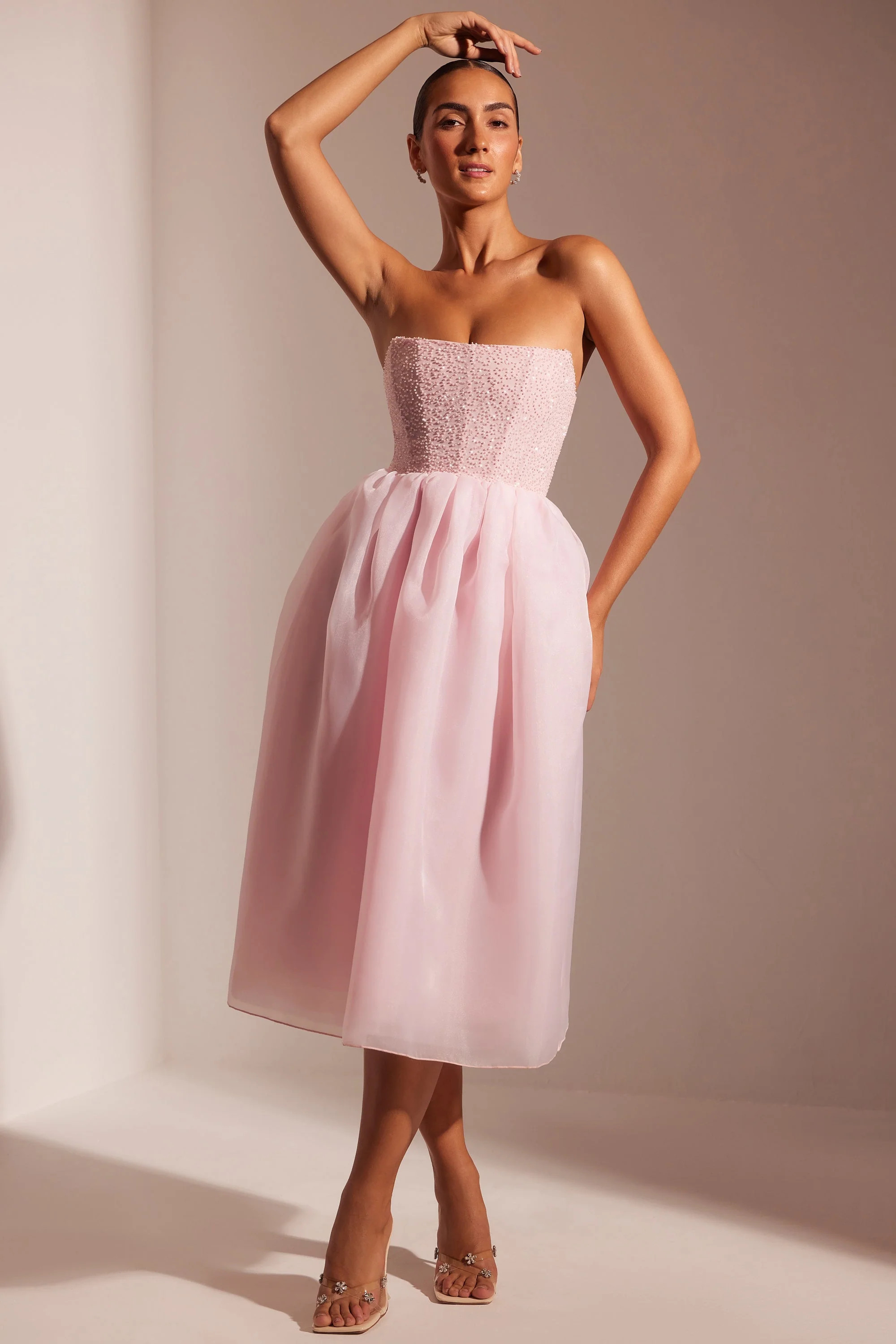 Embellished Corset Tulle Skirt Midi Dress in Blush | Oh Polly