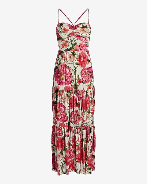 Floral Halter Neck Ruched Strappy Back Tiered Maxi Dress | Express