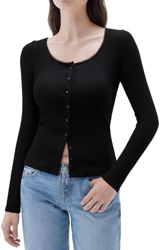 SUUKSESS Women Cotton Ribbed Long Sleeve Tops Button Down Crew Neck Lace Line Going Out Fitted Sh... | Amazon (US)