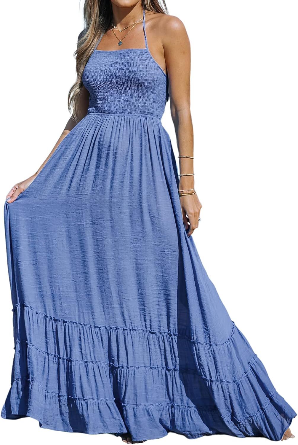 CUPSHE Women's Solid Smocked Maxi Dress Straight Neck Spaghetti Straps Casual Dress | Amazon (US)