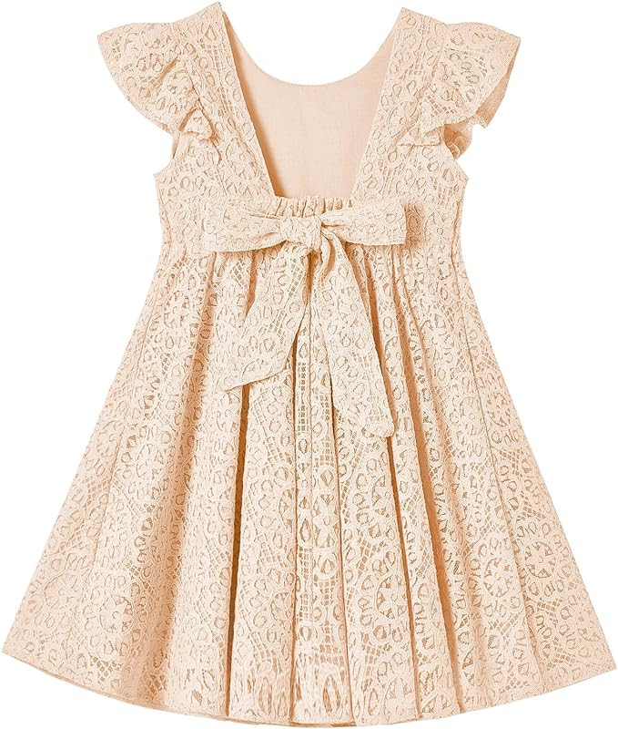 Rysly Toddler Girls Backless Flutter Sleeve Lace Party Dress Elastic Waist Bow Kid Casual Dresses | Amazon (US)