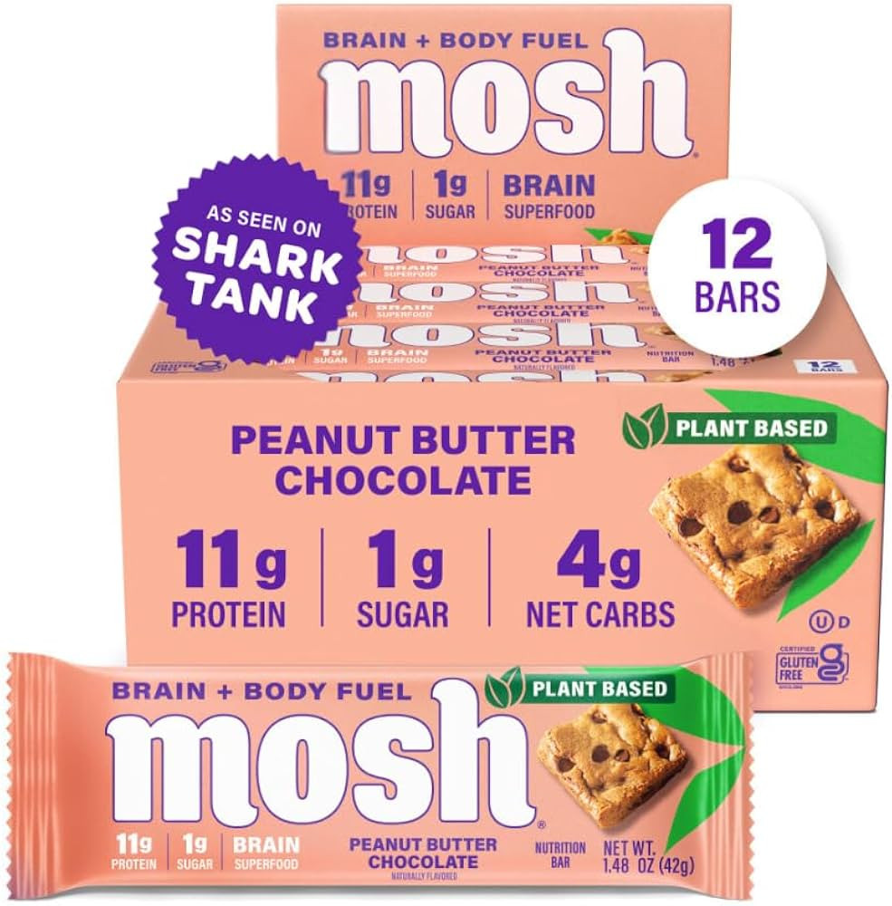 MOSH Peanut Butter Chocolate Plant Based Keto Protein Bars, High Protein, Gluten Free, Brain Heal... | Amazon (US)