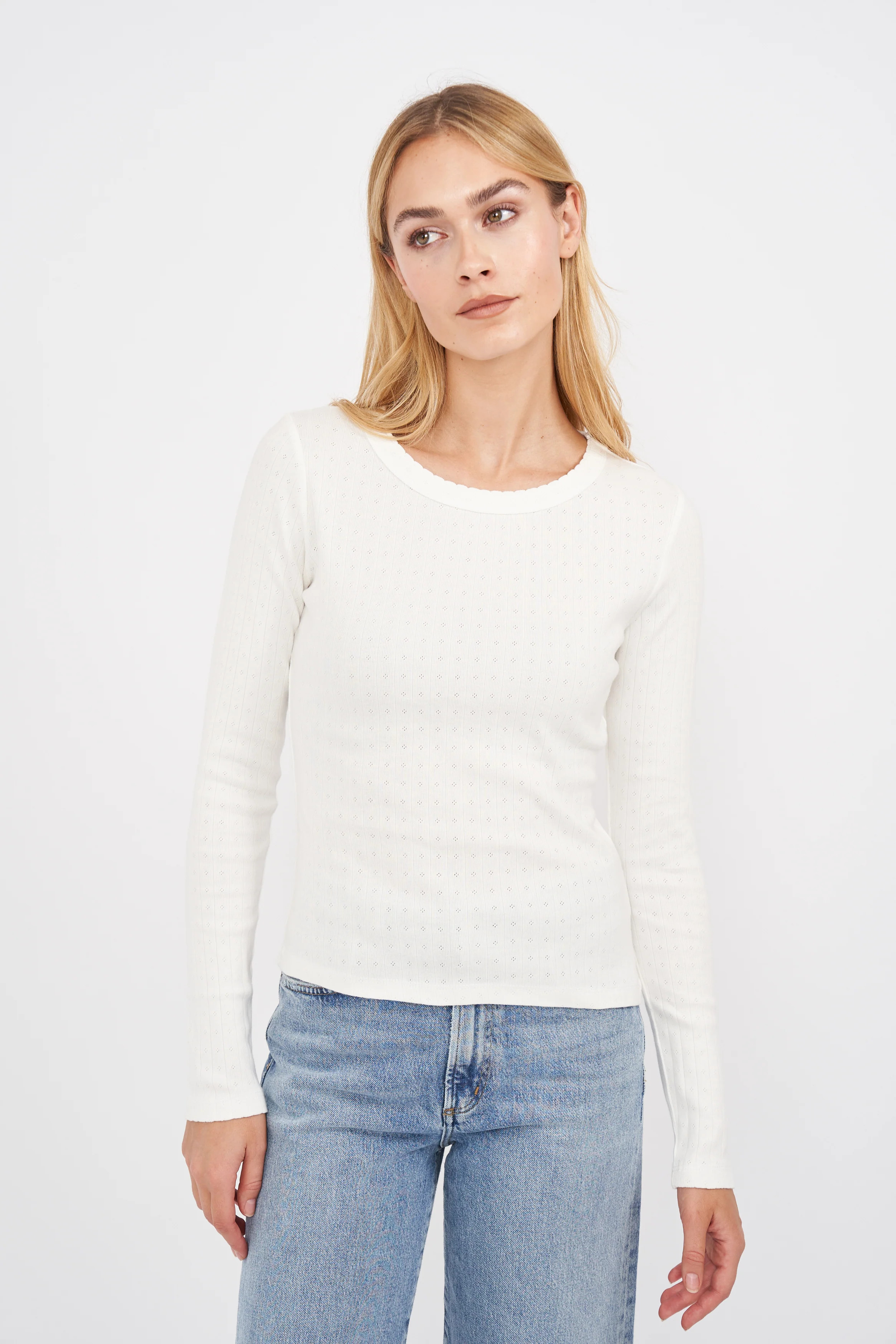 Pointelle Long Sleeve Crewneck - White | Marea