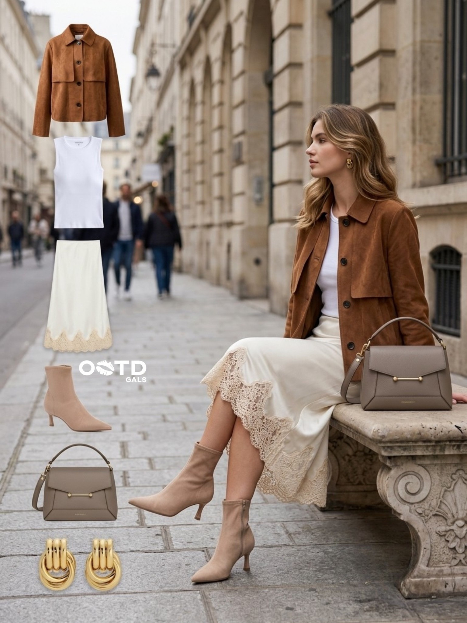 Rich cognac tones and soft ivory create a beautifully refined autumn look 🤎🤍

This outfit pairs a structured cognac-brown suede jacket with a simple white sleeveless top and an elegant ivory midi skirt finished with delicate scalloped lace trim. Taupe pointed-toe ankle boots and a structured taupe handbag keep the palette soft, warm, and sophisticated.

✨ Style Details:
• Cognac-brown suede cropped utility jacket with flap pockets
• White fitted sleeveless top
• Ivory high-waisted midi skirt with scalloped lace hem
• Taupe pointed-toe ankle boots with slim heels
• Taupe structured top-handle shoulder bag
• Gold statement hoop earrings

The combination of warm cognac, creamy ivory, and muted taupe gives the outfit a sophisticated tonal feel. The lace-trimmed skirt adds a romantic feminine touch, while the suede jacket brings structure and an elevated autumn edge.

Perfect for city strolls, café dates, lunch meetings, gallery visits, shopping days, weekend brunch, travel, or a polished autumn day in the city.

#AutumnStyle #FallFashion #ElegantStyle

#LTKeurope #LTKFashionMonth #LTKsummer
