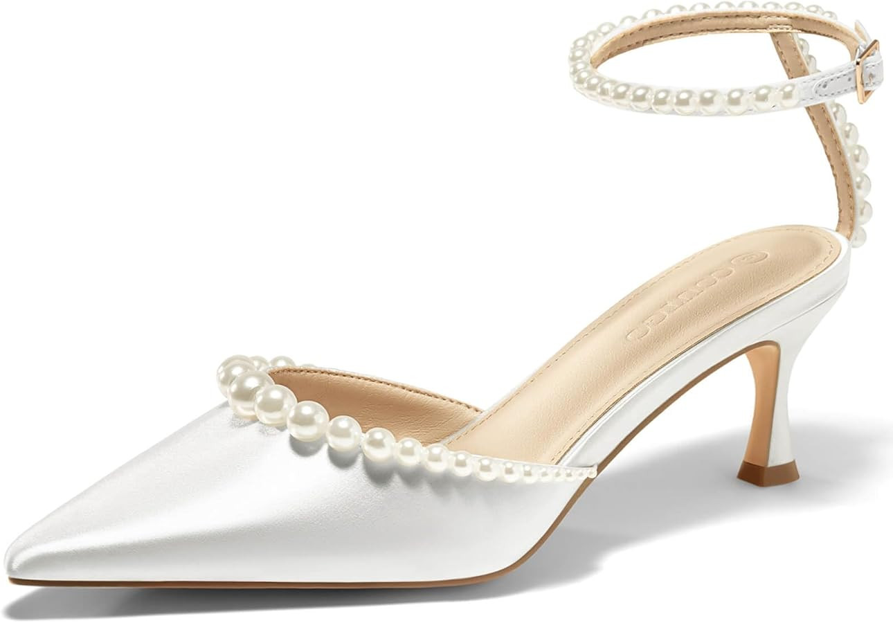 Coutgo Womens Pearl Kitten Heels Closed Pointed Toe Wedding Bride Dress Shoes Ankle Strap Satin P... | Amazon (US)