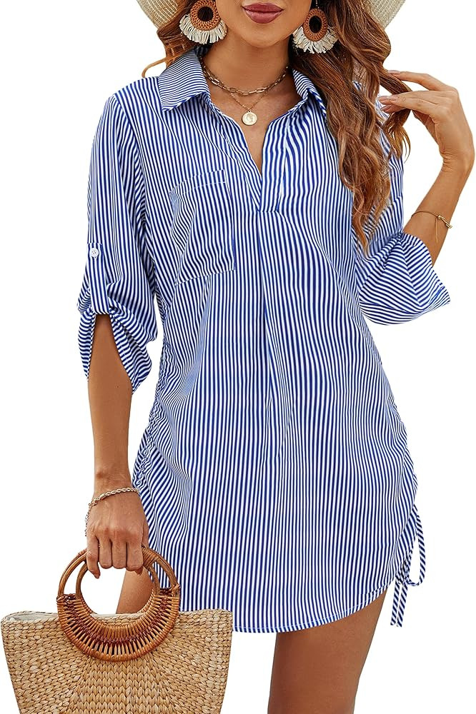 Blooming Jelly Womens Bathing Suit Cover Ups Bikini Swimsuit Coverup Drawstring Beach Dress Shirt | Amazon (US)