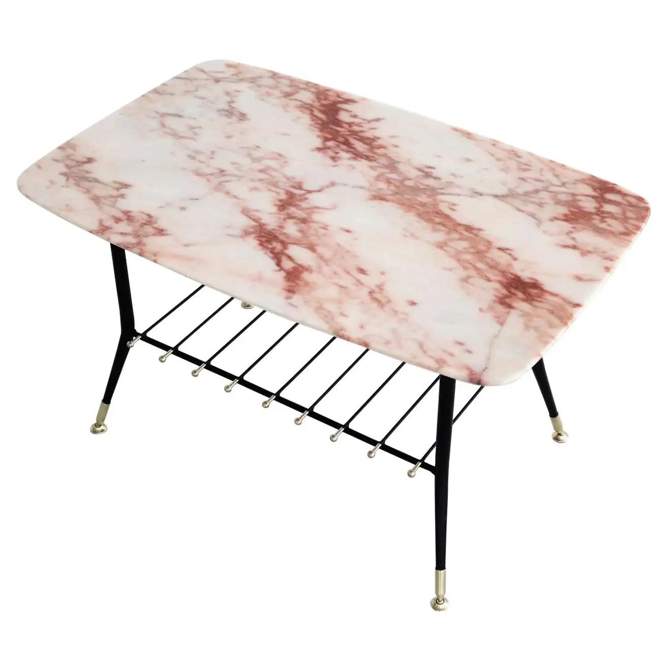 Italian Midcentury Coffee Table with Pink Marble Top and Magazines Tray, 1970s | 1stDibs