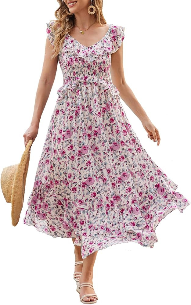 GRACE KARIN Women's 2024 Summer Casual Flowy Floral Sleeveless Dress Ruffle V Neck Layered Long B... | Amazon (US)
