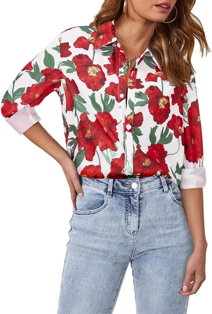 siliteelon Blouses for Women Long Sleeve Button Down Shirts Printed Wrinkle-Free Dressy Casual Bl... | Amazon (US)