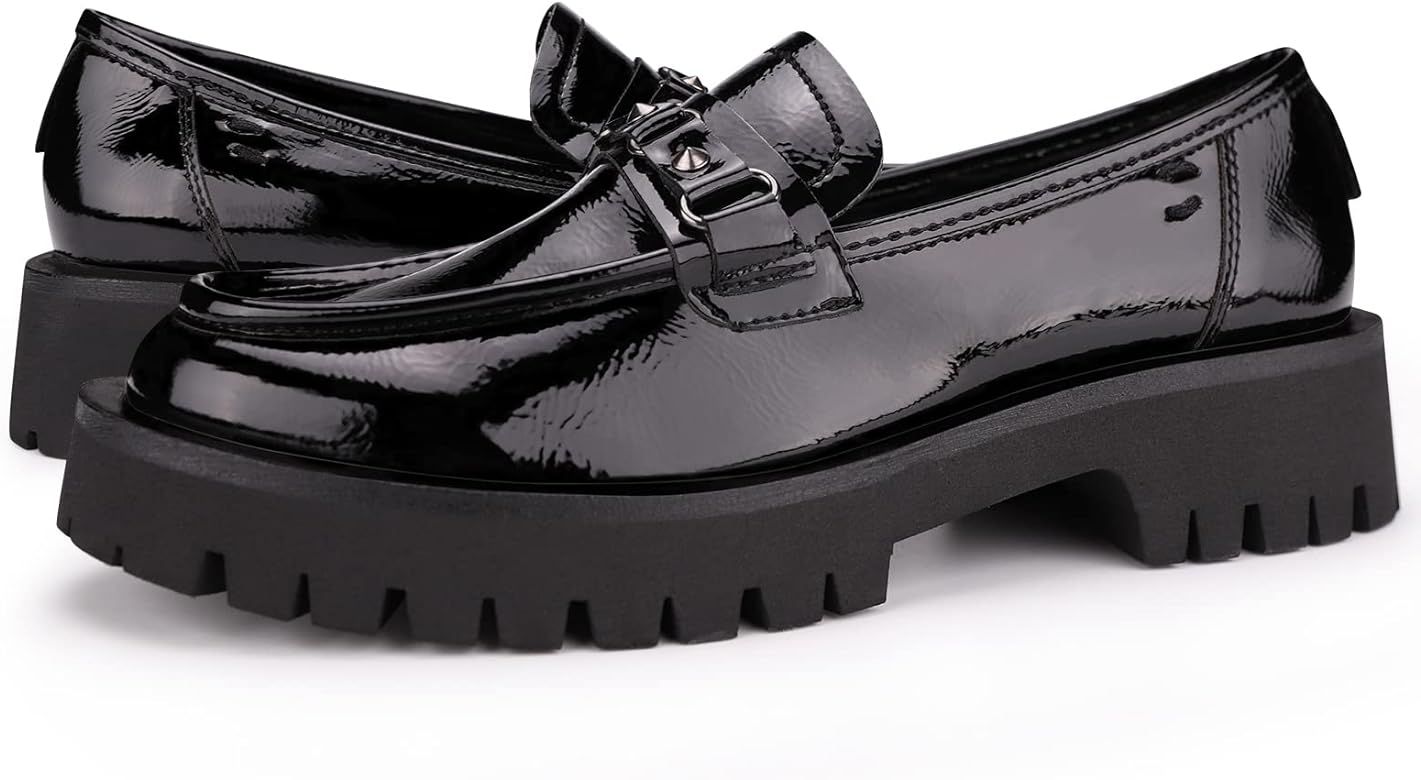 ISOMEI Black Loafers for Women Comfort Chunky Heel Platform Patent Leather Chunky Loafers | Amazon (US)