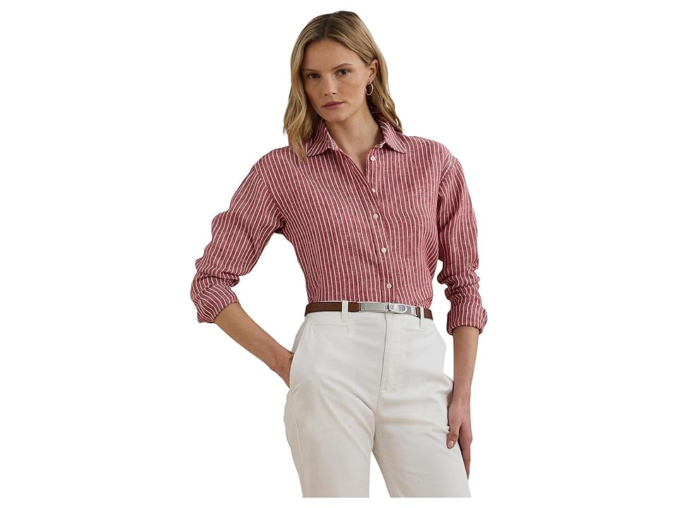 Lauren Ralph Lauren Petite Relaxed Fit Striped Linen Shirt Women's Clothing Light Red/White : PS | Zappos