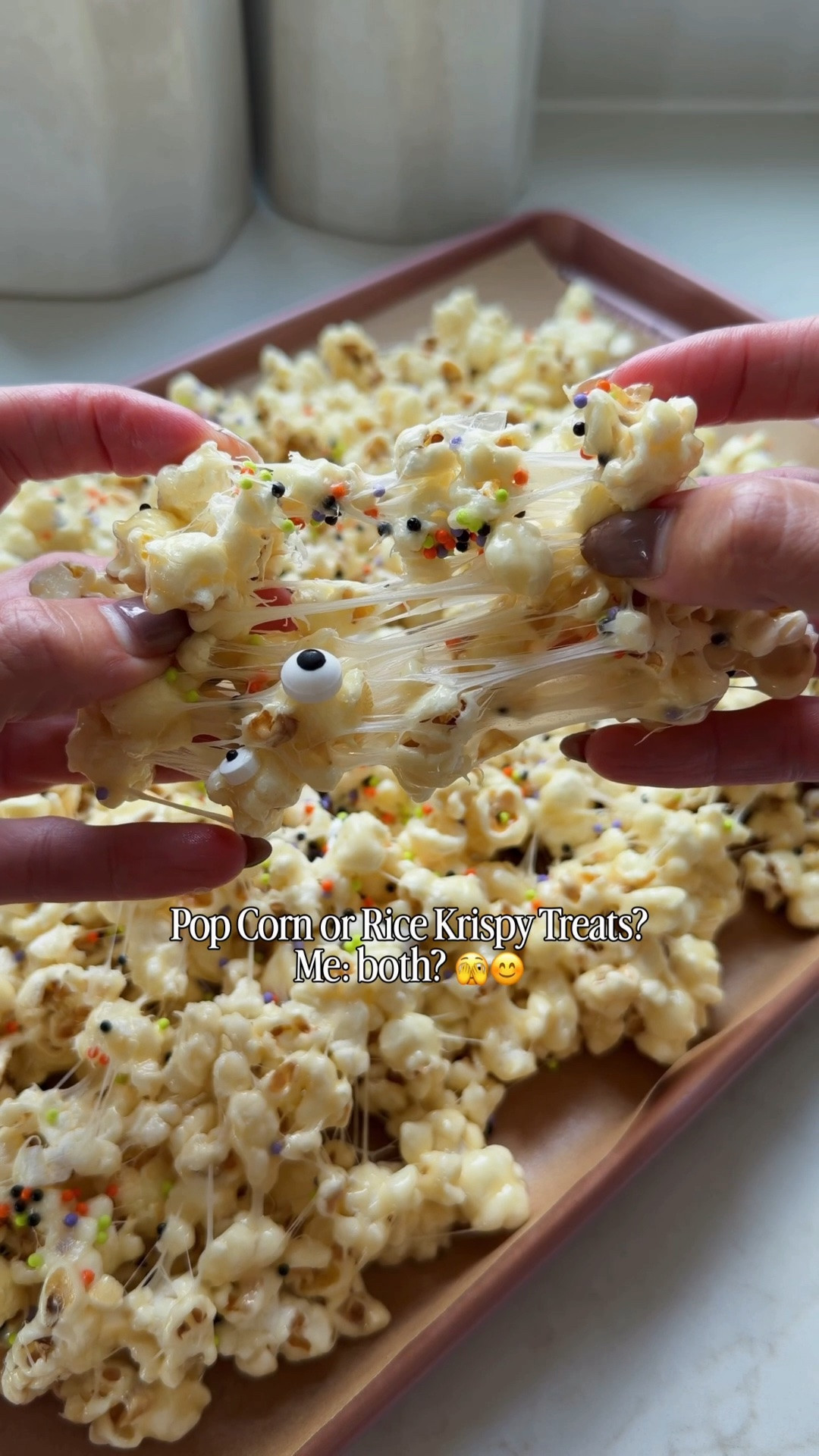 The best of both worlds! When in doubt, combine them both! 
GOOEY POP CORN (think of a rice Krissy treat made out of pop corn)
• 1 stick butter
• 1 bag mini marshmallows
• Less than 1 cup vanilla or white cake mix
• ¾ large bag popcorn
• 1 tsp vanilla extract
• Halloween Sprinkles
Melt butter, add vanilla and stir. Add marshmallows and mix together until smooth. Stir in cake mix and mix well. Drop pop corn and mix until coated. Add sprinkles while still hot so they stick and enjoy! 

You can also cool this off and bag them in Halloween bags for treats.

#LTKSeasonal #LTKfoodie #LTKKids