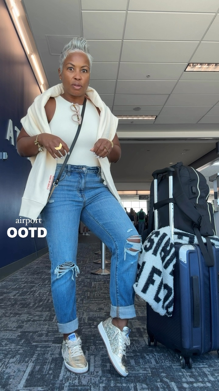 Airport outfit, cute, comfy and cozy!

wearing size 6 in jeans | bodysuit size small 

travel / airport / denim / golden goose 

#LTKVideo 

#LTKTravel #LTKOver40