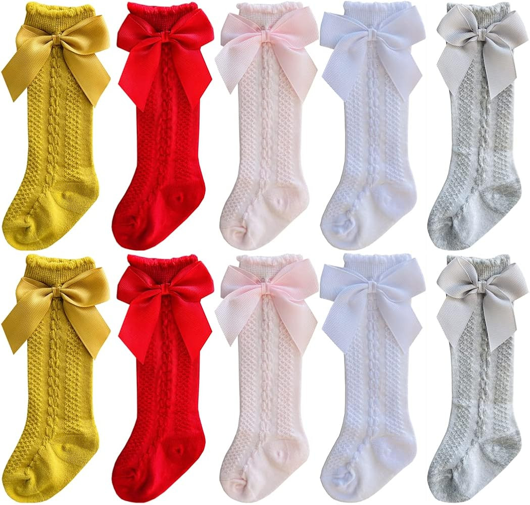 Baby Girls Knee High Socks Bow-Stitched Toddler Breathable Long Sock Cable Knit Tube | Amazon (US)