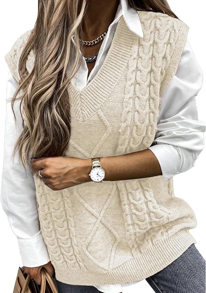 NALANISA Women V Neck Sleeveless Oversized Sweater Vest Casual Loose Cable Knit Sweaters Tank Pullov | Amazon (US)