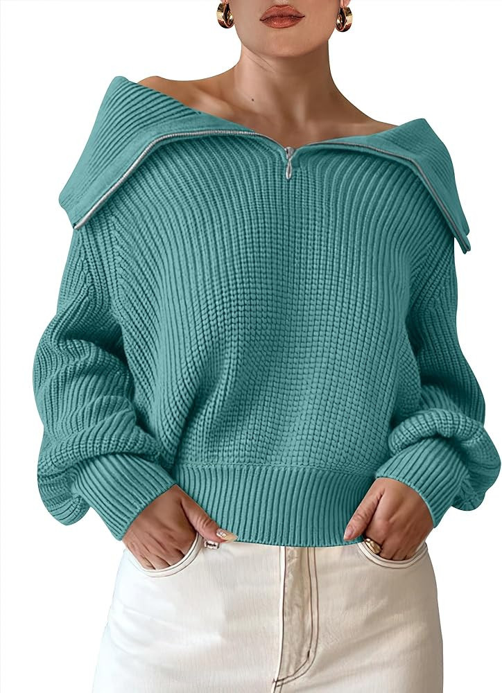 ANRABESS Women Half Zip Cropped Sweater Long Puff Sleeve 2023 Winter Trendy Oversized Ribbed Knit Pullover Sweater Top | Amazon (US)