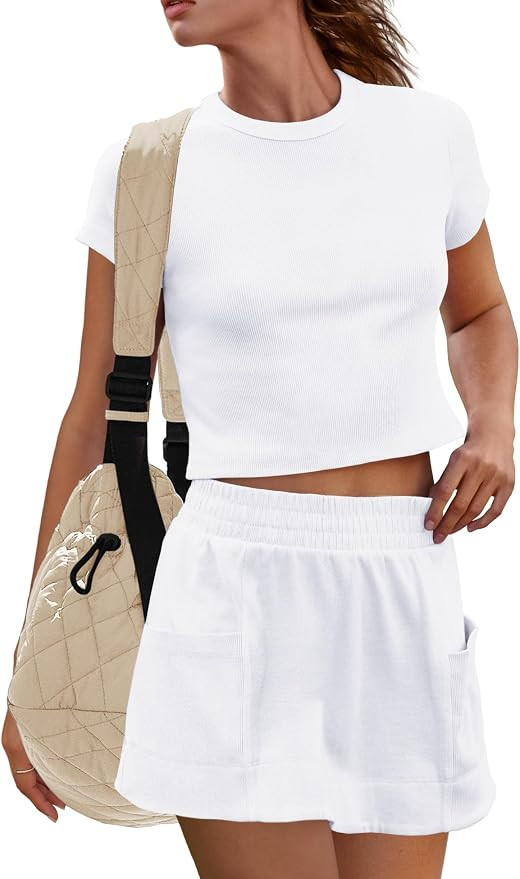 Panadila Womens Skort Sets 2 Piece Outfits Ribbed Short Sleeve Tops and Skirt with Shorts Underne... | Amazon (US)