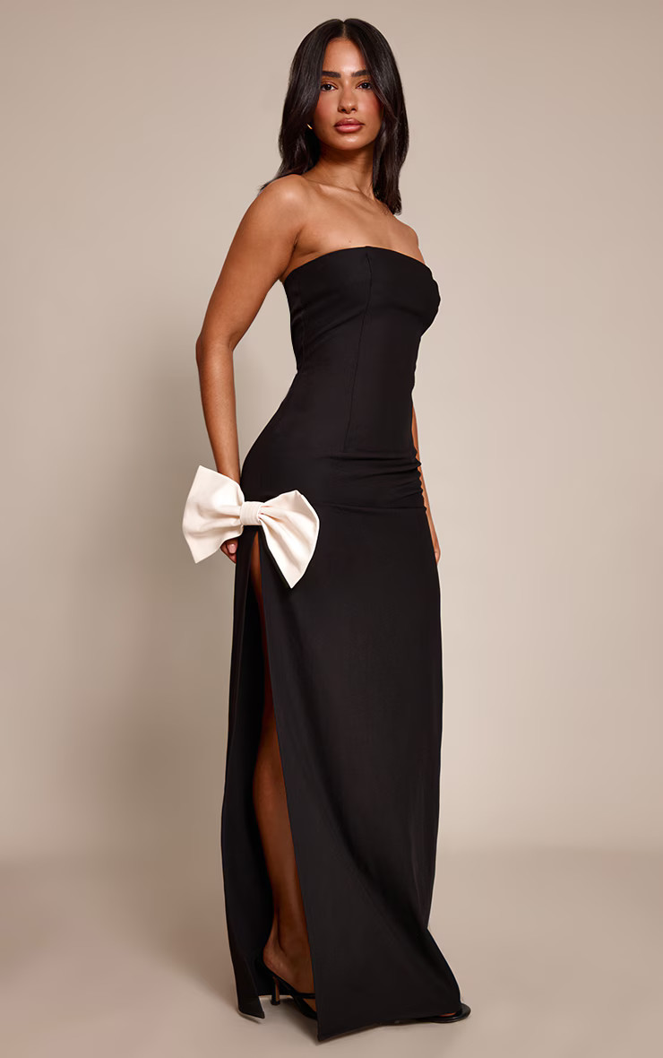 Petite Black Contrast Bow Bandeau Maxi Dress | Petite | PrettyLittleThing US
