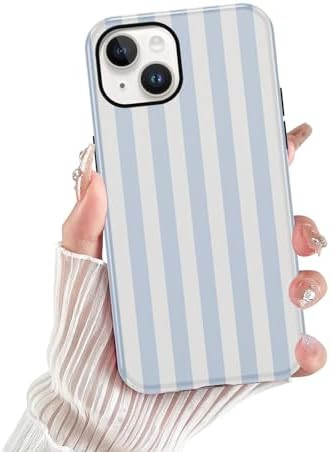 for iPhone 14 Plus Phone Case, Cute White and Light Blue Striped Geometric Lines Pattern Case for... | Amazon (US)