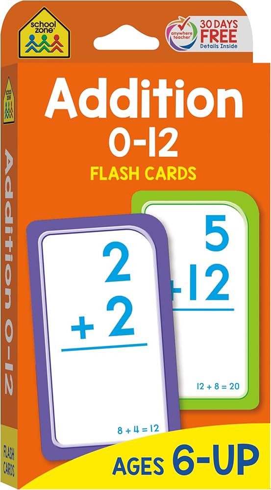 School Zone - Addition 0-12 Flash Cards - Ages 6 and Up, 1st Grade, 2nd Grade, Numbers 0-12, Math... | Amazon (US)