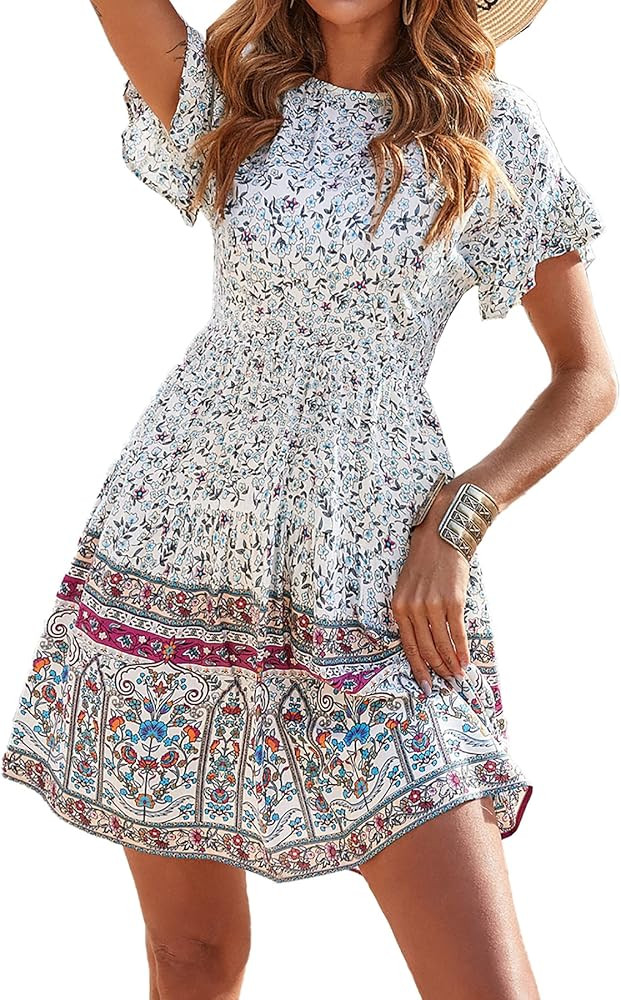 BTFBM Women's Casual Short Sleeve Boho Summer Dresses Crewneck Floral Print High Waist Beach Cute... | Amazon (US)