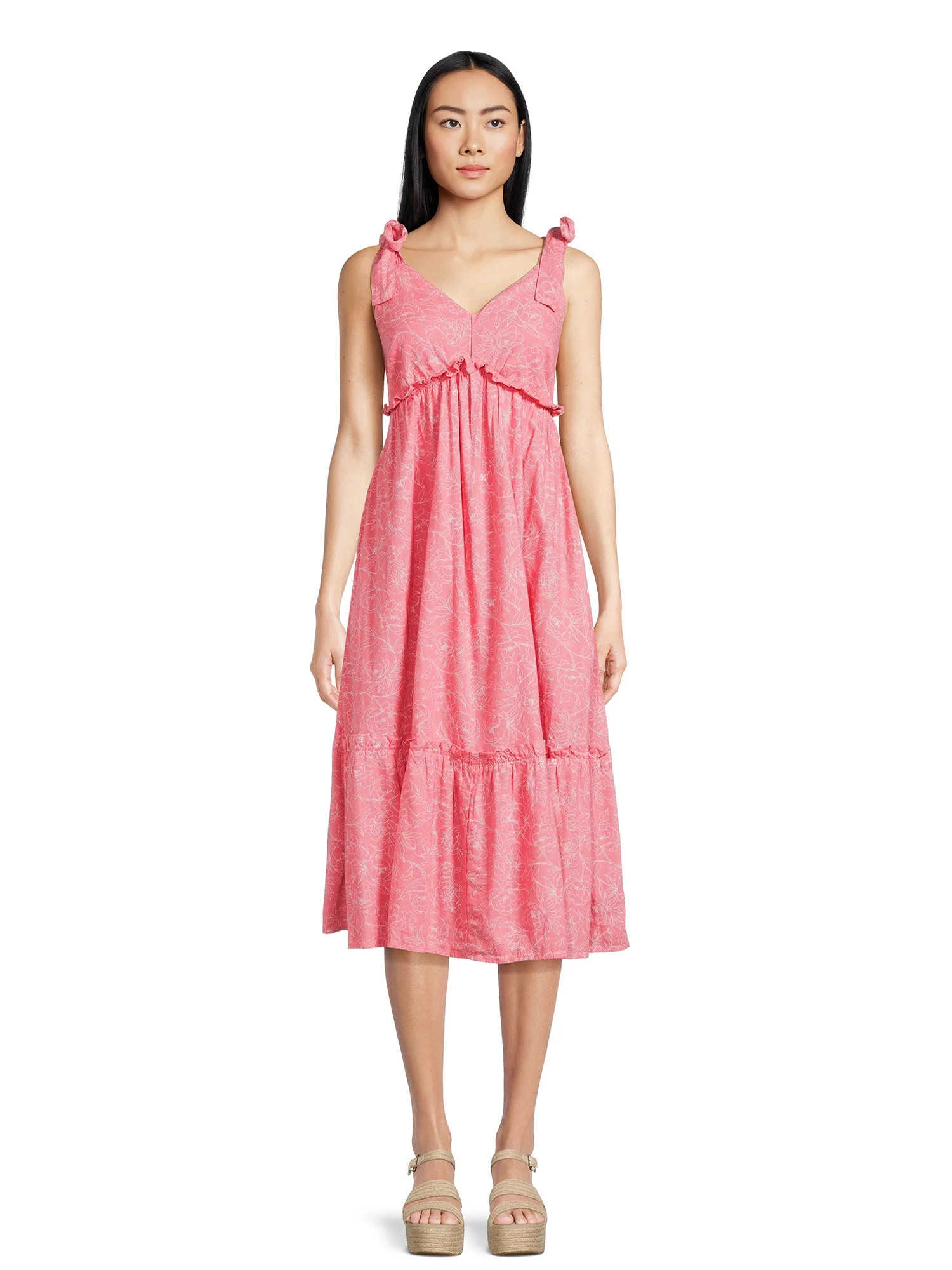 Time and Tru Women's V-Neck Tie Strap Midi Dress - Walmart.com | Walmart (US)