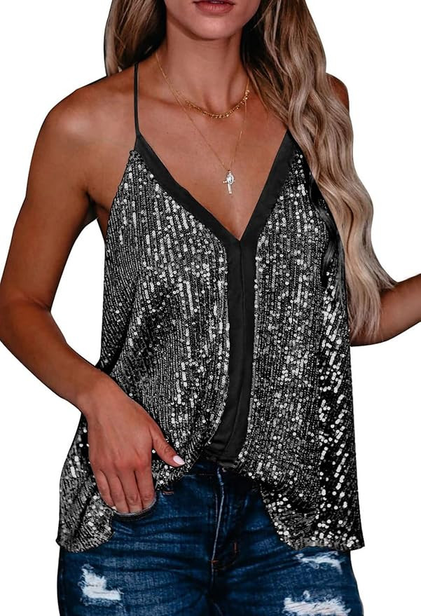 Shawhuwa Women's Fashion V Neck Sequin Strappy Flowy Tank Tops Sexy Sleeveless Racerback Cami Shi... | Amazon (US)