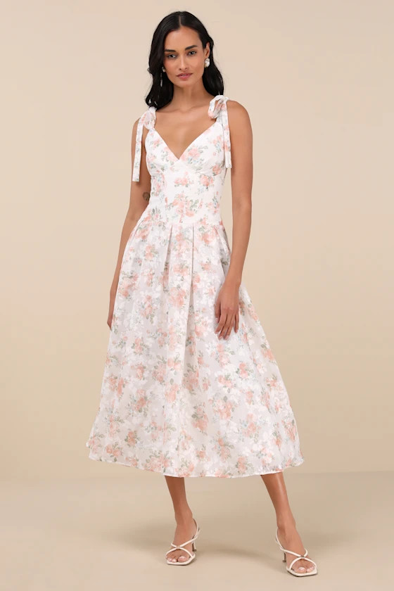 Danah White Floral Bustier Tie-Strap Midi Dress | Lulus