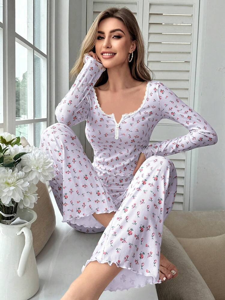 CottageSlumber Women's Casual Multicolor Floral Print Knitted Long Sleeve Top & Pants Pajama Set With Contrast Lace Details, Fall Winter Clothes | SHEIN