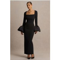 Retreat | Black Square-Neck Maxi Dress With Satin Puff-Sleeves | Club L London