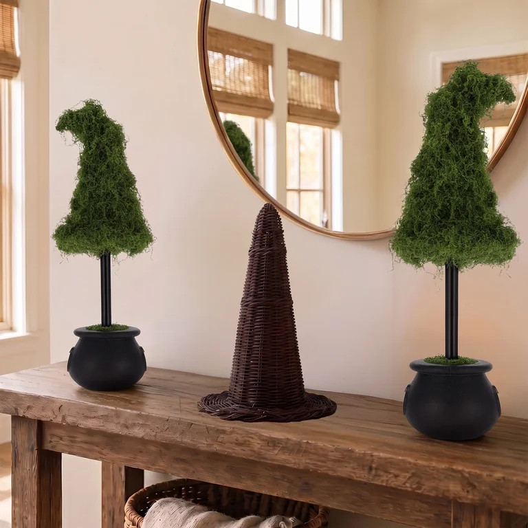 My Texas House Halloween Moss Witch Hat Topiary in Cauldron, Green and Black, 20" | Walmart (US)