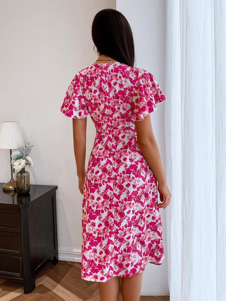 Allover Floral Print Tie Front Slit Hem Dress | SHEIN