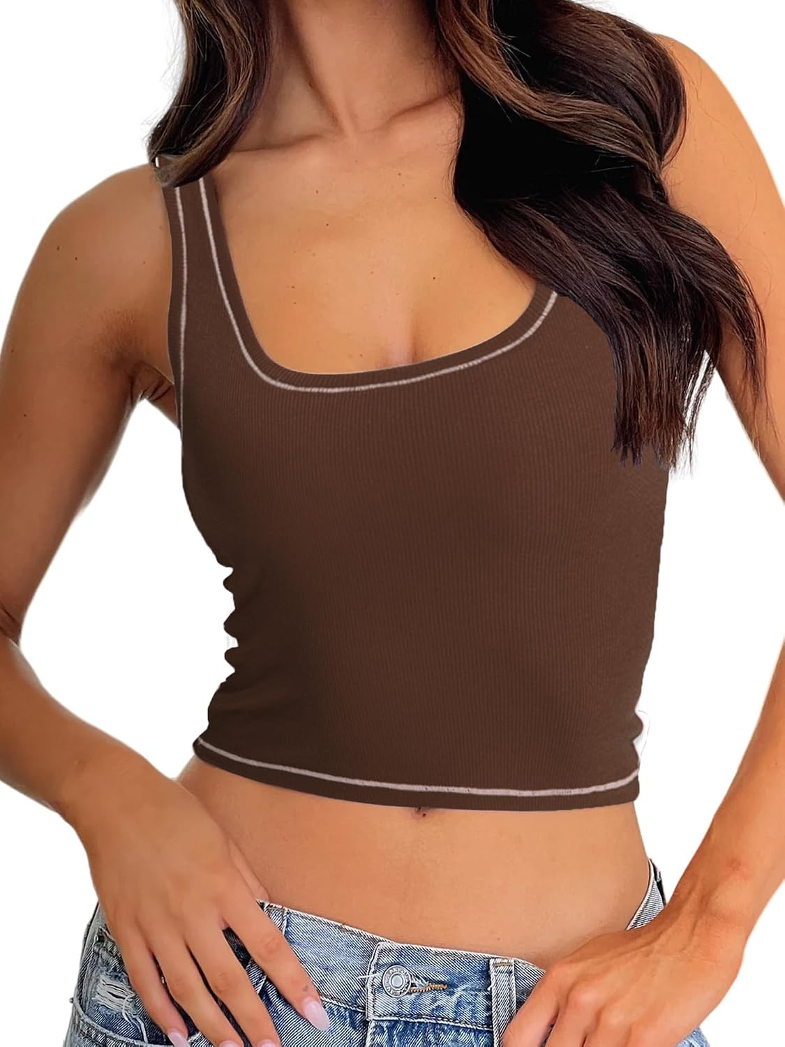 Danysu Women Rib Tank Top Padded Workout Top Square Neck Crop Tank Fitted Basic Cami Tops | Amazon (US)