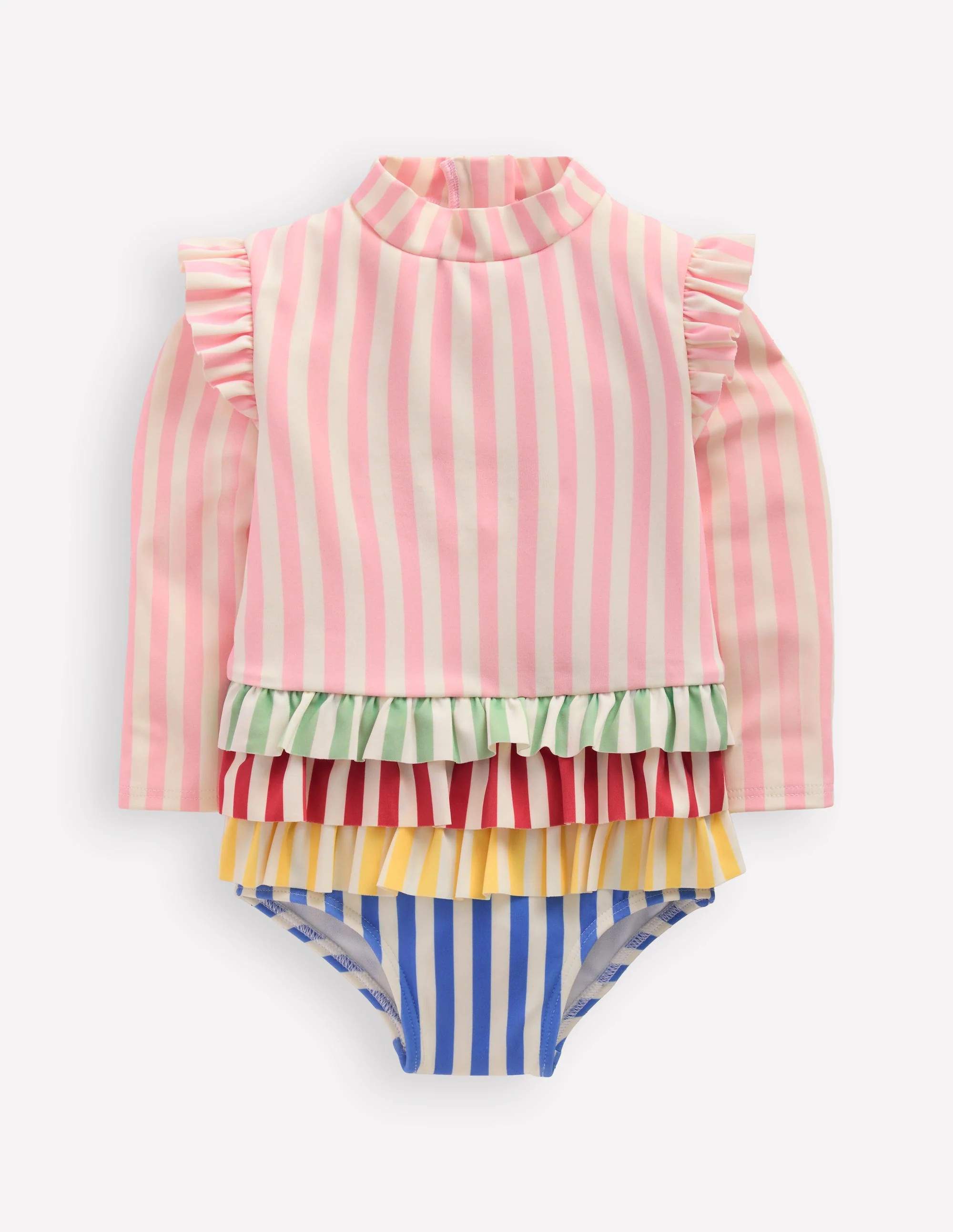 Long Sleeve Frill Swimsuit-Hotchpotch Stripe | Boden (US)