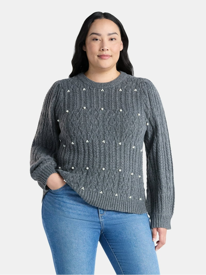 Terra & Sky Women’s Plus Cable Knit Sweater with Faux Pearls, Lightweight, Sizes 0X-5X | Walmart (US)