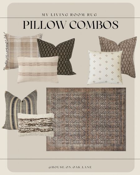 Amber Lewis Billie rug pillow combinations to get the look in my living room. Loloi, lumbar pillow, brown floral square pillow, tan plaid pillow, geometric dot ivory pillow, pink, mauve navy rug 