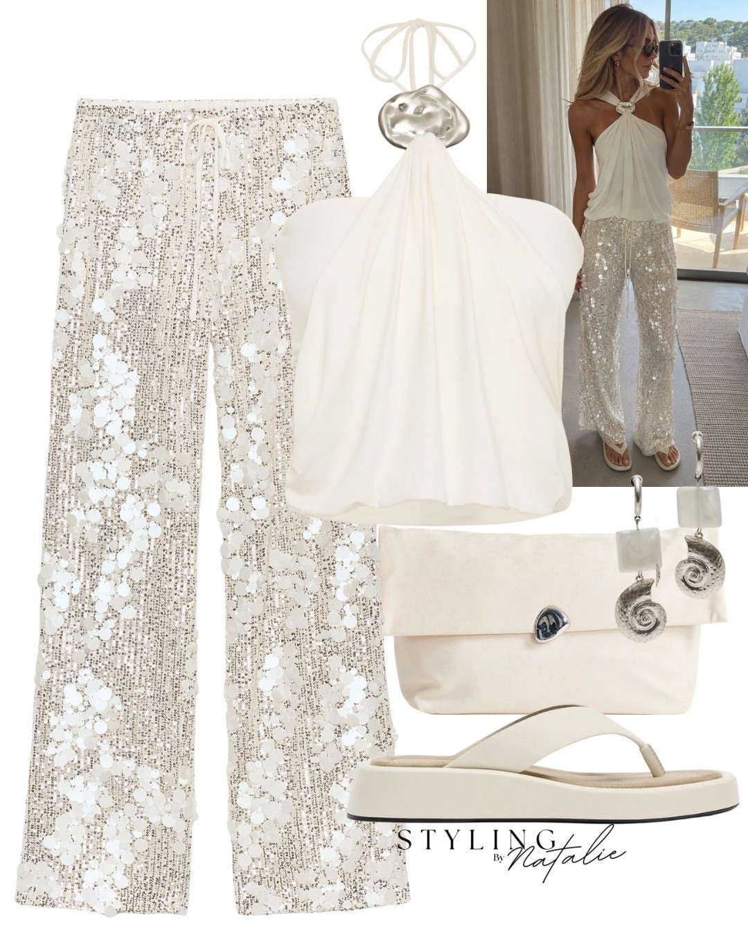 Summer sequins ✨
Drawstring flowing sequin trousers, halter neck top with chiffon drape and silver hardware detail, clutch bag, chunky sandals and seashell earrings.
🏷️ statement pieces, sequin pants, Zara style, meshki style, going out look, club outfit, beach club, Ibiza, summer outfit

#LTKsummer #LTKuk #LTKpartywear