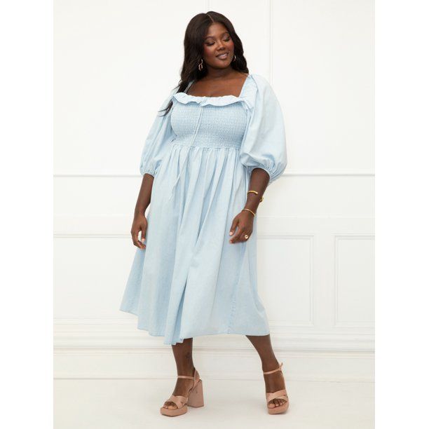 ELOQUII Elements Women's Plus Size Smocked Bodice Chambray Dress | Walmart (US)