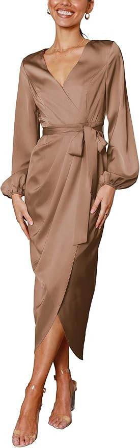 Women Satin Dress Deep V-Neck Long Sleeve Tie Waist Split Midi Dresses | Amazon (US)