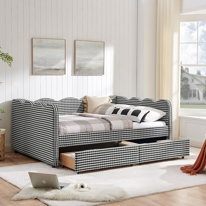 Cozy Gingham Daybed with Trundle Twin Size Sofa Bed No Box Spring Needed, with USB Port and Adora... | Amazon (US)
