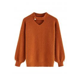 Pearl Decor Choker Neck Ribbed Knit Sweater in Pumpkin | Chicwish