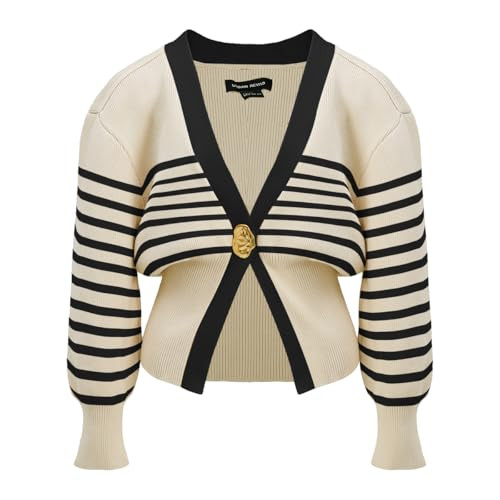 URBAN REVIVO Women Knitted Cardigans Long Sleeve V-Neck Lightweight Sweater One Leaf Button Down Outwear Striped,X-Small | Amazon (US)