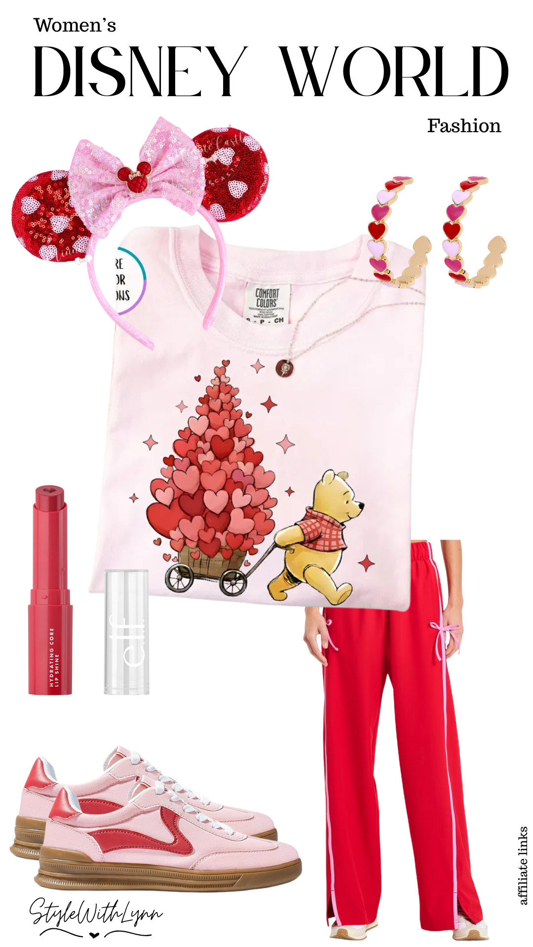 💕 This Winnie the Pooh heart tee is the sweetest statement for a Disney World day, paired with comfy red track pants with bows, pink sneakers, and the cutest heart accessories. Finished with Valentine Minnie ears and soft pink details for a look that’s playful, cozy, and park-perfect. 💖🍯✨


Disney World outfit, Valentine’s Day Disney outfit, Winnie the Pooh shirt, women’s Disney outfit, Disney Valentine outfit, Disney World women’s fashion, Valentine Minnie ears, Disney park outfit women, pink and red Disney outfit, comfortable Disney outfit, Disney bounding Pooh, Disney outfit inspiration, Valentine Disney look, Disney World accessories, casual Disney park outfit 

 #LTKootd #LTKSeasonal #LTKTravel