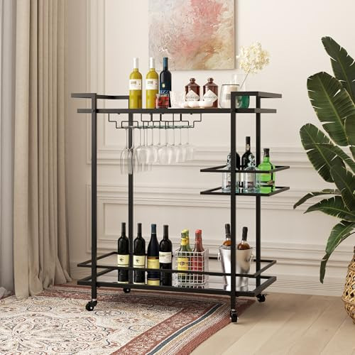 Black Bar Cart, 2-Tier Glass Shelves Rolling Serving Cart with Wheels, Modern Mobile Home Bar Trolley for Kitchen, Living Room, and Dining Room | Amazon (US)
